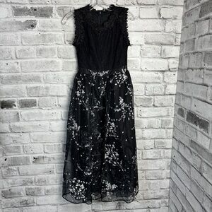 Coeur De Vague Sheer Dark Floral Embroidered Sleeveless Midi Fairy Dress New